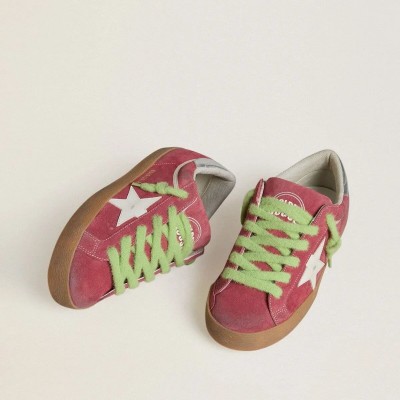 Golden Goose Super-Star Sneaker In Red Suede With White Leather Star And Silver Leather Heel Tab Golden Goose Super-Star Sneaker In Red Suede With White Leather Star And Silver Leather Heel Tab