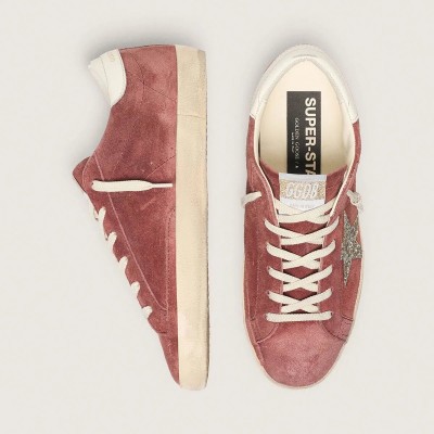 Golden Goose Super-Star Sneaker In Rust-Red Suede With Silver Glitter Star Golden Goose Super-Star Sneaker In Rust-Red Suede With Silver Glitter Star