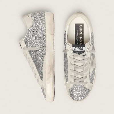 Golden Goose Super-Star Sneaker In Silver Glitter With Ice-Gray Suede Star