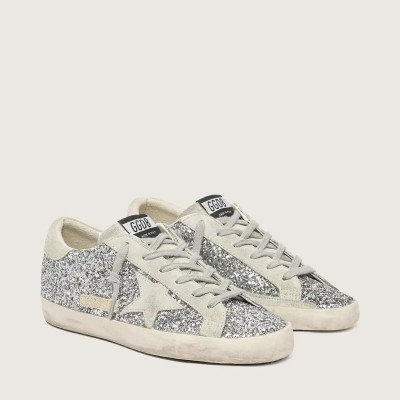 Golden Goose Super-Star Sneaker In Silver Glitter With Ice-Gray Suede Star Golden Goose Super-Star Sneaker In Silver Glitter With Ice-Gray Suede Star