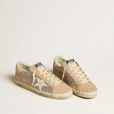 Golden Goose Super-Star Sneaker In Silver Glitter With Leather Star And Heel Tab Golden Goose Super-Star Sneaker In Silver Glitter With Leather Star And Heel Tab