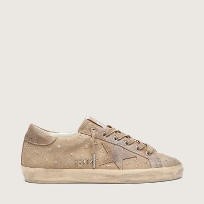 Golden Goose Super-Star Sneaker In Tobacco Canvas With Suede Star And Crystal Inserts