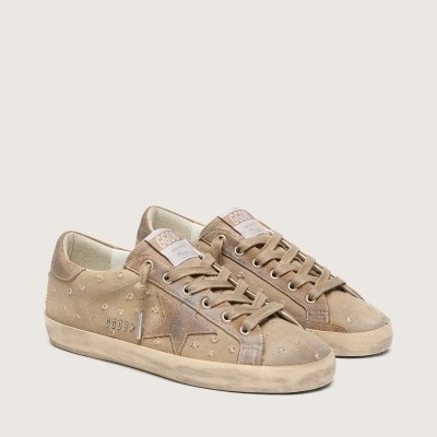 Golden Goose Super-Star Sneaker In Tobacco Canvas With Suede Star And Crystal Inserts