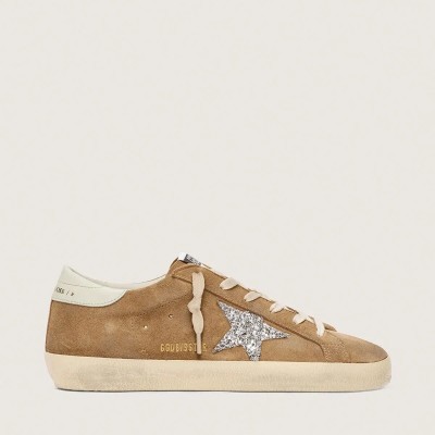Golden Goose Super-Star Sneaker In Tobacco Suede With Silver Glitter Star Golden Goose Super-Star Sneaker In Tobacco Suede With Silver Glitter Star