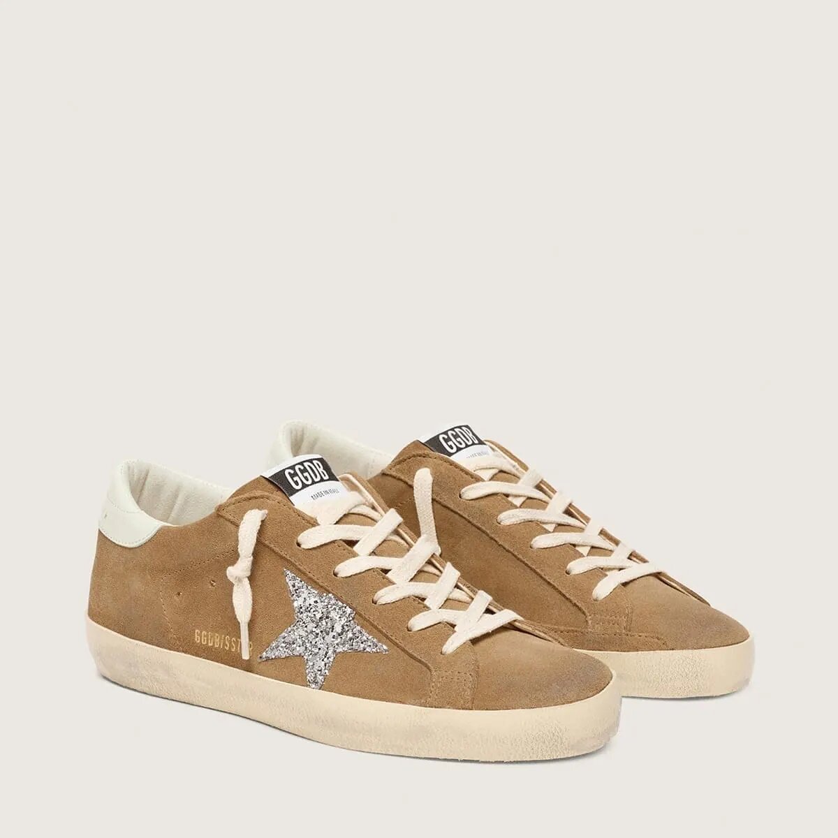 Golden Goose Super-Star Sneaker In Tobacco Suede With Silver Glitter Star Golden Goose Super-Star Sneaker In Tobacco Suede With Silver Glitter Star