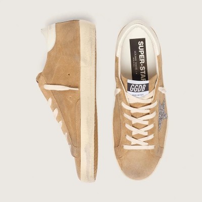 Golden Goose Super-Star Sneaker In Tobacco Suede With Silver Glitter Star Golden Goose Super-Star Sneaker In Tobacco Suede With Silver Glitter Star
