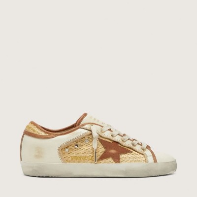 Golden Goose Super-Star Sneaker In White Leather And Raffia With Brick-Red Star And Inserts Golden Goose Super-Star Sneaker In White Leather And Raffia With Brick-Red Star And Inserts