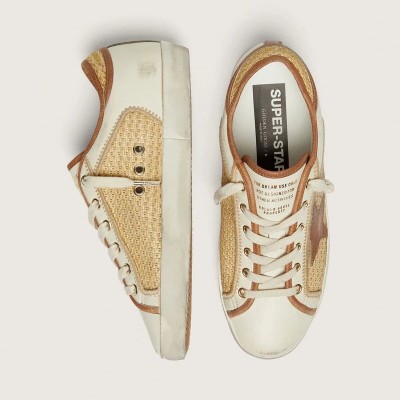 Golden Goose Super-Star Sneaker In White Leather And Raffia With Brick-Red Star And Inserts Golden Goose Super-Star Sneaker In White Leather And Raffia With Brick-Red Star And Inserts