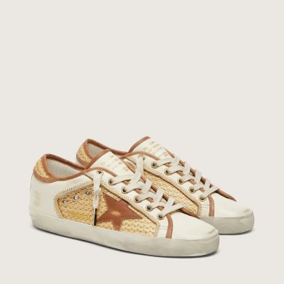 Golden Goose Super-Star Sneaker In White Leather And Raffia With Brick-Red Star And Inserts Golden Goose Super-Star Sneaker In White Leather And Raffia With Brick-Red Star And Inserts