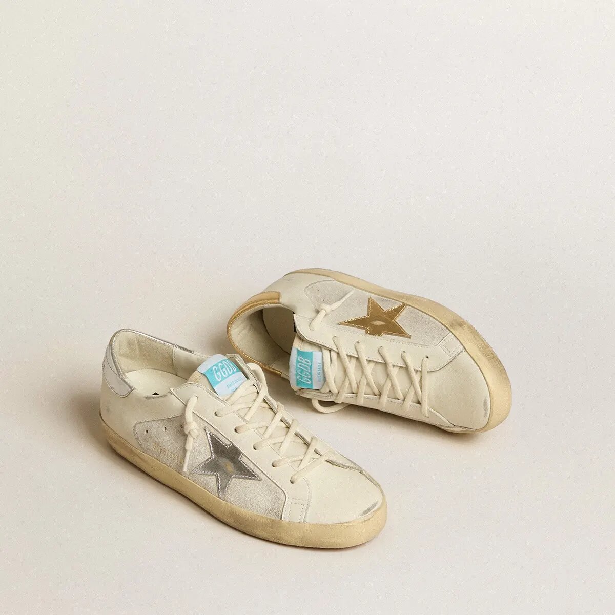 Golden Goose Super-Star Sneaker In White Leather And Suede With Silver And Gold Leather Star Golden Goose Super-Star Sneaker In White Leather And Suede With Silver And Gold Leather Star