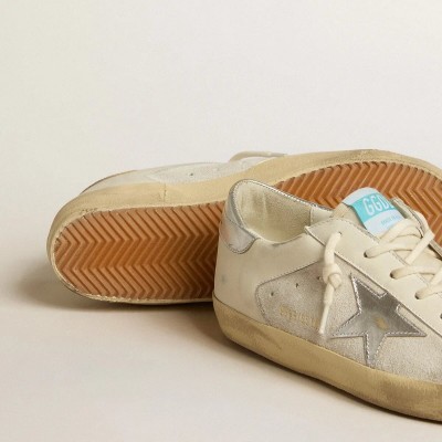 Golden Goose Super-Star Sneaker In White Leather And Suede With Silver And Gold Leather Star Golden Goose Super-Star Sneaker In White Leather And Suede With Silver And Gold Leather Star