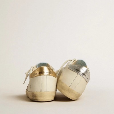 Golden Goose Super-Star Sneaker In White Leather And Suede With Silver And Gold Leather Star Golden Goose Super-Star Sneaker In White Leather And Suede With Silver And Gold Leather Star