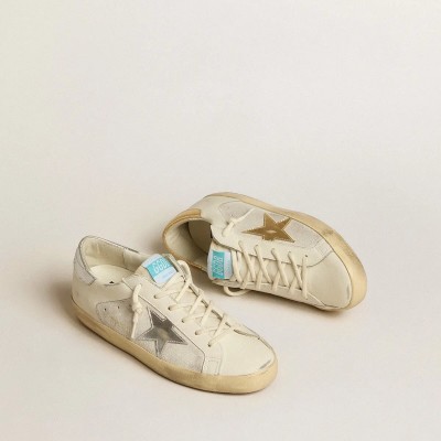 Golden Goose Super-Star Sneaker In White Leather And Suede With Silver And Gold Leather Star Golden Goose Super-Star Sneaker In White Leather And Suede With Silver And Gold Leather Star