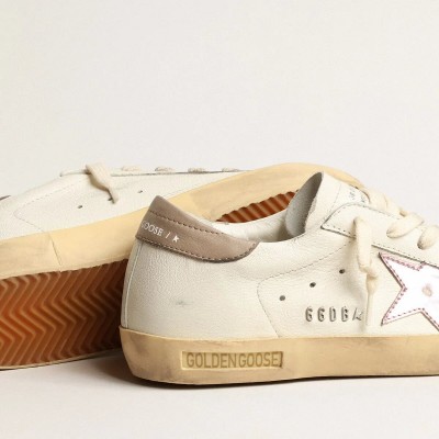 Golden Goose Super-Star Sneaker In White Nappa With Pink Metallic Leather Star Golden Goose Super-Star Sneaker In White Nappa With Pink Metallic Leather Star