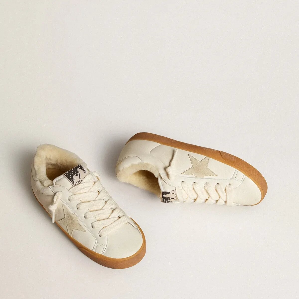 Golden Goose Super-Star Sneaker In White Nappa With Suede Star And Shearling Lining Golden Goose Super-Star Sneaker In White Nappa With Suede Star And Shearling Lining