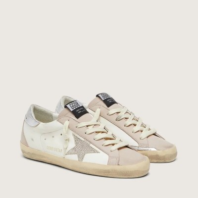 Golden Goose Super-Star Sneaker In White And Powder-Pink Leather With Silver Swarovski Crystal Star Golden Goose Super-Star Sneaker In White And Powder-Pink Leather With Silver Swarovski Crystal Star