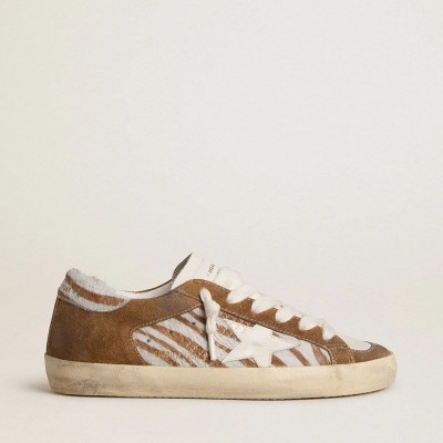 Golden Goose Super-Star Sneaker In Zebra-Print Pony Skin With Leather Star And Brown Suede Inserts Golden Goose Super-Star Sneaker In Zebra-Print Pony Skin With Leather Star And Brown Suede Inserts