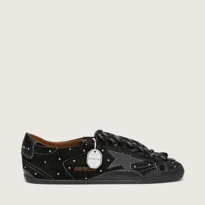 Golden Goose True-Star Sneaker In Black Suede With Swarovski Crystals And Black Leather Star Golden Goose True-Star Sneaker In Black Suede With Swarovski Crystals And Black Leather Star