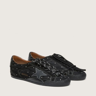 Golden Goose True-Star Sneaker In Black Suede With Swarovski Crystals And Black Leather Star