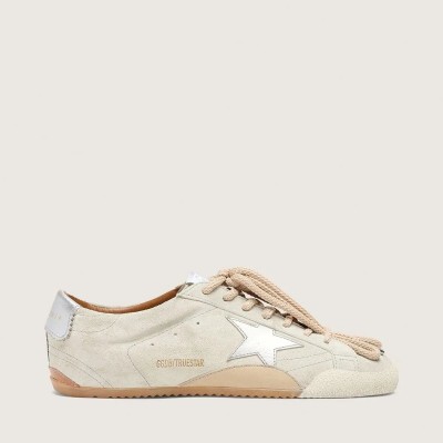 Golden Goose True-Star Sneaker In Light Gray Suede With Metallic Silver Star And Heel Tab Golden Goose True-Star Sneaker In Light Gray Suede With Metallic Silver Star And Heel Tab