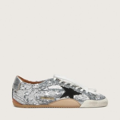 Golden Goose True-Star Sneaker In Silver Sequins With Black Star And Silver Leather Heel Tab Golden Goose True-Star Sneaker In Silver Sequins With Black Star And Silver Leather Heel Tab