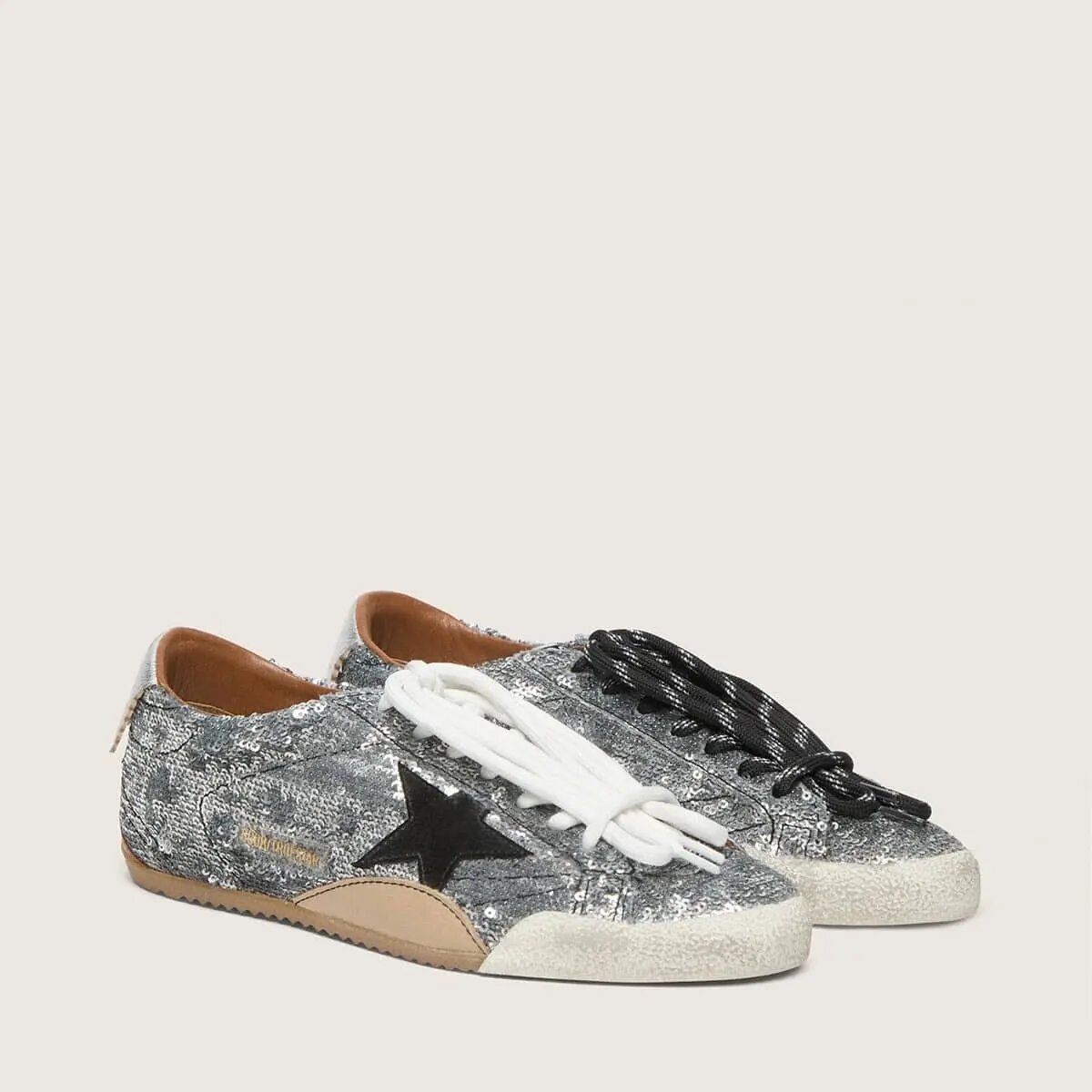 Golden Goose True-Star Sneaker In Silver Sequins With Black Star And Silver Leather Heel Tab Golden Goose True-Star Sneaker In Silver Sequins With Black Star And Silver Leather Heel Tab