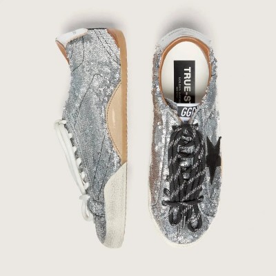 Golden Goose True-Star Sneaker In Silver Sequins With Black Star And Silver Leather Heel Tab Golden Goose True-Star Sneaker In Silver Sequins With Black Star And Silver Leather Heel Tab