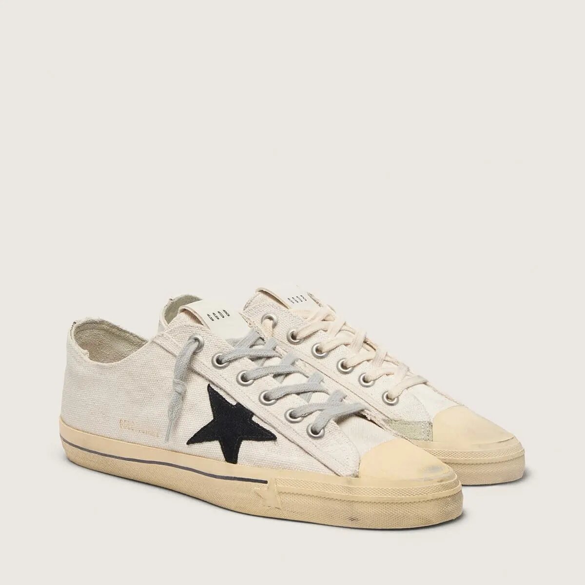 Golden Goose V-Star Sneaker With Black Suede Star And Embroidered Lettering Golden Goose V-Star Sneaker With Black Suede Star And Embroidered Lettering