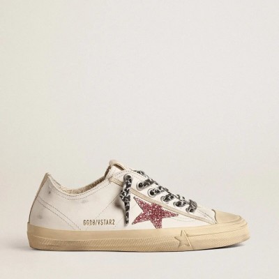 Golden Goose V-Star Sneaker With Pink Glitter Star And Metallic Leather Heel Tab