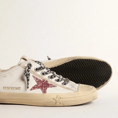 Golden Goose V-Star Sneaker With Pink Glitter Star And Metallic Leather Heel Tab