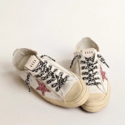 Golden Goose V-Star Sneaker With Pink Glitter Star And Metallic Leather Heel Tab Golden Goose V-Star Sneaker With Pink Glitter Star And Metallic Leather Heel Tab