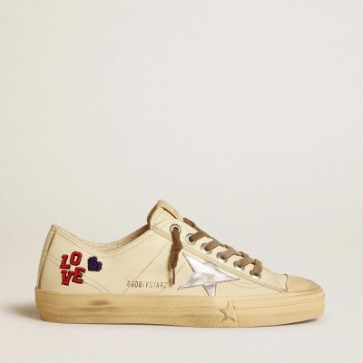 Golden Goose V-Star Sneaker In Ecru Nappa With Silver Nappa Star And Beaded Embroidery Golden Goose V-Star Sneaker In Ecru Nappa With Silver Nappa Star And Beaded Embroidery