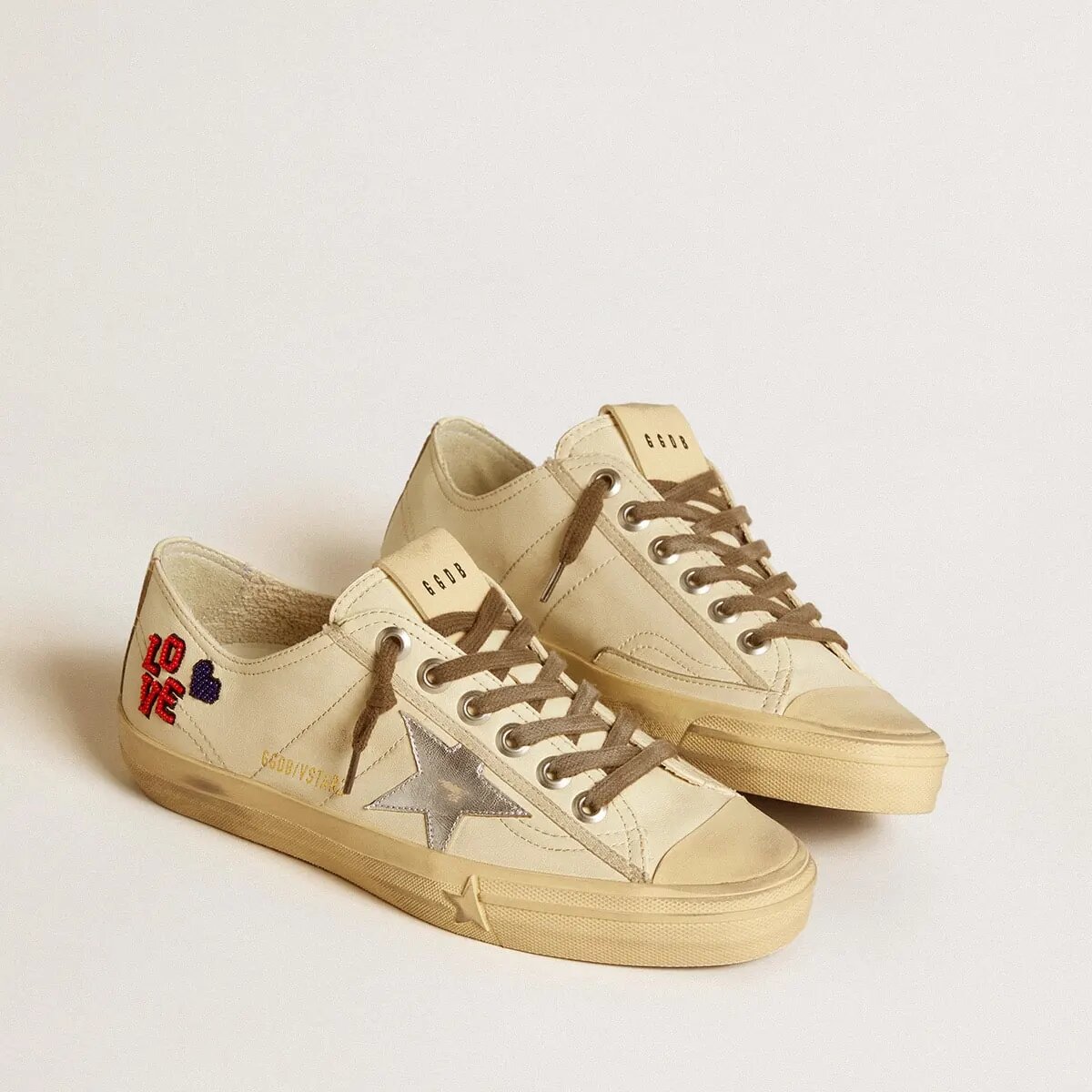 Golden Goose V-Star Sneaker In Ecru Nappa With Silver Nappa Star And Beaded Embroidery Golden Goose V-Star Sneaker In Ecru Nappa With Silver Nappa Star And Beaded Embroidery
