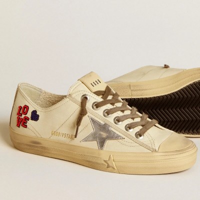Golden Goose V-Star Sneaker In Ecru Nappa With Silver Nappa Star And Beaded Embroidery Golden Goose V-Star Sneaker In Ecru Nappa With Silver Nappa Star And Beaded Embroidery