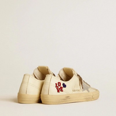 Golden Goose V-Star Sneaker In Ecru Nappa With Silver Nappa Star And Beaded Embroidery Golden Goose V-Star Sneaker In Ecru Nappa With Silver Nappa Star And Beaded Embroidery