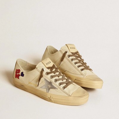 Golden Goose V-Star Sneaker In Ecru Nappa With Silver Nappa Star And Beaded Embroidery Golden Goose V-Star Sneaker In Ecru Nappa With Silver Nappa Star And Beaded Embroidery