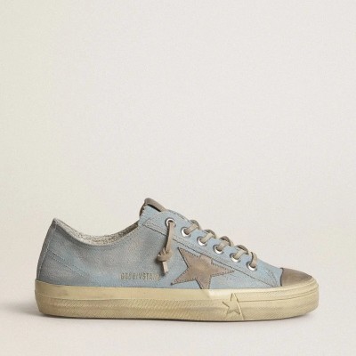 Golden Goose V-Star Sneaker In Light Blue Canvas With Dove-Gray Leather Star Golden Goose V-Star Sneaker In Light Blue Canvas With Dove-Gray Leather Star
