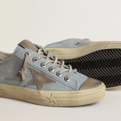 Golden Goose V-Star Sneaker In Light Blue Canvas With Dove-Gray Leather Star Golden Goose V-Star Sneaker In Light Blue Canvas With Dove-Gray Leather Star