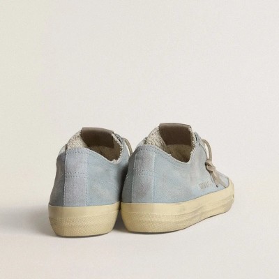 Golden Goose V-Star Sneaker In Light Blue Canvas With Dove-Gray Leather Star Golden Goose V-Star Sneaker In Light Blue Canvas With Dove-Gray Leather Star