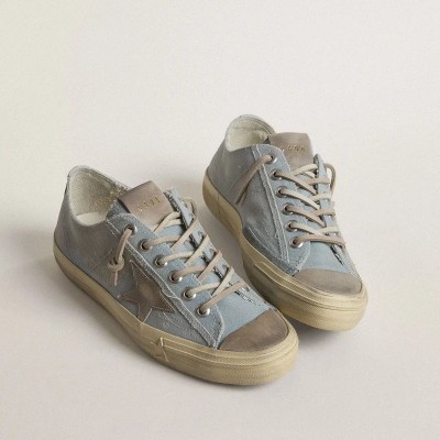 Golden Goose V-Star Sneaker In Light Blue Canvas With Dove-Gray Leather Star Golden Goose V-Star Sneaker In Light Blue Canvas With Dove-Gray Leather Star
