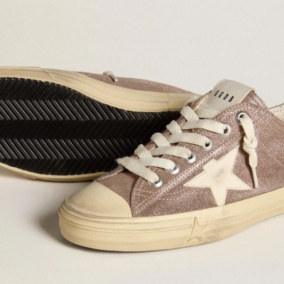 Golden Goose V-Star Sneaker In Light Brown Metallic Suede With Cream Leather Star Golden Goose V-Star Sneaker In Light Brown Metallic Suede With Cream Leather Star