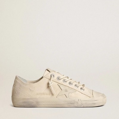 Golden Goose V-Star Sneaker In Light Cream Canvas With Milk-White Leather Star Golden Goose V-Star Sneaker In Light Cream Canvas With Milk-White Leather Star