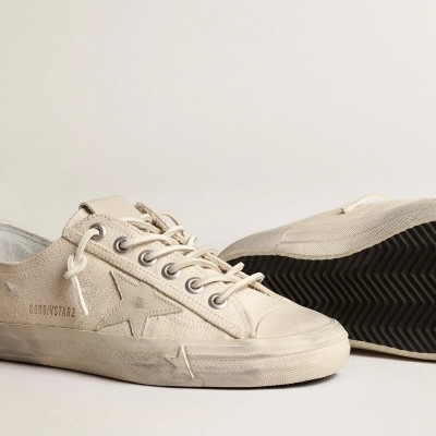 Golden Goose V-Star Sneaker In Light Cream Canvas With Milk-White Leather Star Golden Goose V-Star Sneaker In Light Cream Canvas With Milk-White Leather Star