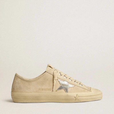 Golden Goose V-Star Sneaker In Pearl Suede With Silver Metallic Leather Star Golden Goose V-Star Sneaker In Pearl Suede With Silver Metallic Leather Star