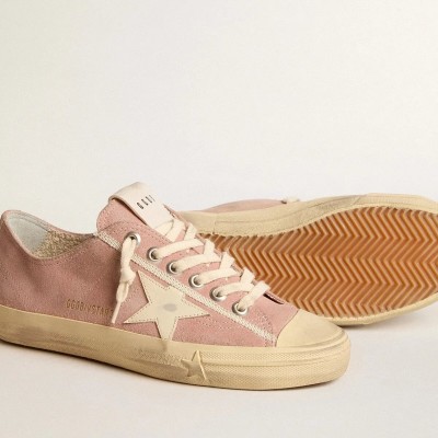Golden Goose V-Star Sneaker In Pink Suede With Cream Leather Star Golden Goose V-Star Sneaker In Pink Suede With Cream Leather Star