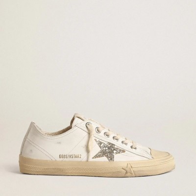 Golden Goose V-Star Sneaker In White Leather With A Platinum Glitter Star Golden Goose V-Star Sneaker In White Leather With A Platinum Glitter Star