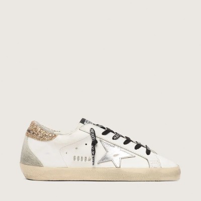 Golden Goose White Leather Super-Star Sneaker With Glittery Heel Tab