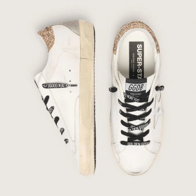 Golden Goose White Leather Super-Star Sneaker With Glittery Heel Tab