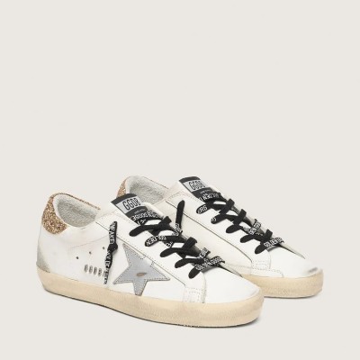 Golden Goose White Leather Super-Star Sneaker With Glittery Heel Tab Golden Goose White Leather Super-Star Sneaker With Glittery Heel Tab