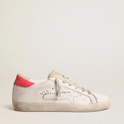Golden Goose White Leather Super-Star Sneaker With Perforated Star And Fuchsia Nylon Heel Tab Golden Goose White Leather Super-Star Sneaker With Perforated Star And Fuchsia Nylon Heel Tab